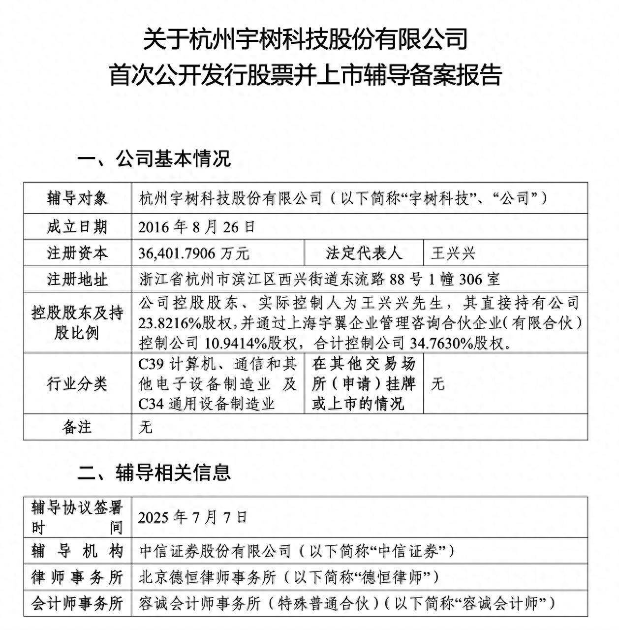 宇树科技或最快10月递交IPO申请：中信证券辅导，王兴兴控股35%
